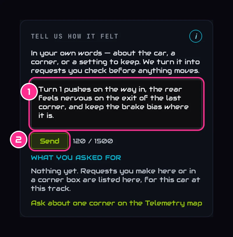 Tell us how it felt, with words typed in the box and the Send button