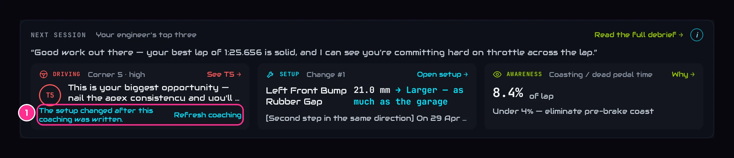 The driving tile saying the setup changed after this coaching was written, with Refresh coaching