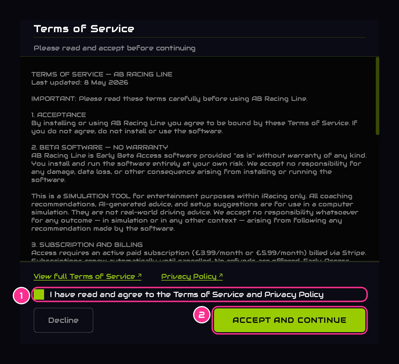 The Terms of Service window, ticked, with Accept and continue