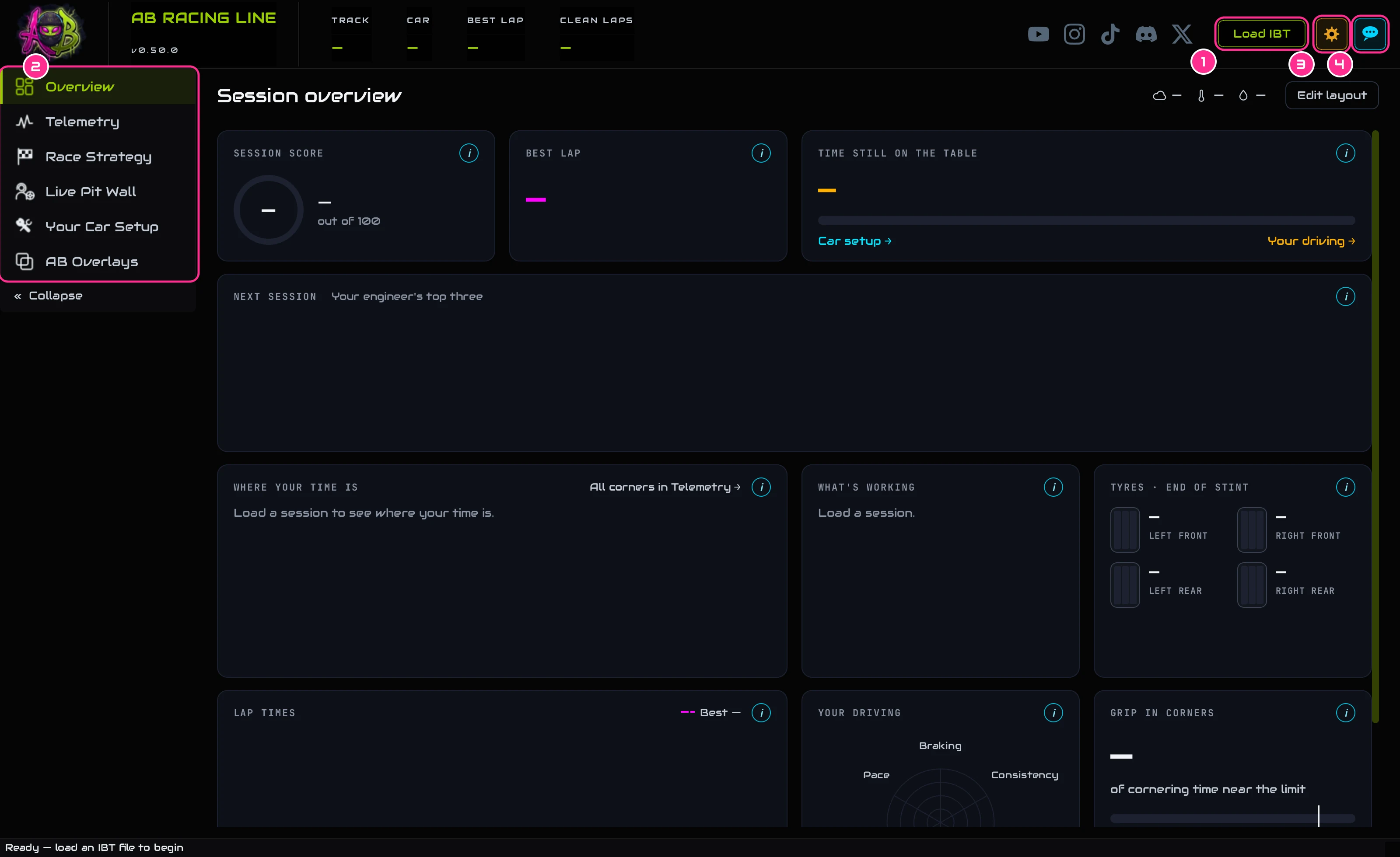 AB Racing Line before a session is loaded, with Load IBT, the menu, Settings and Feedback numbered