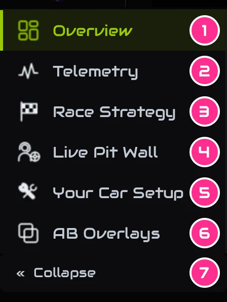 The menu on the left: Overview, Telemetry, Race Strategy, Live Pit Wall, Your Car Setup, AB Overlays and Collapse