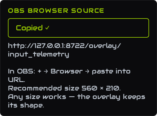 The OBS panel after copying, showing the address and recommended size