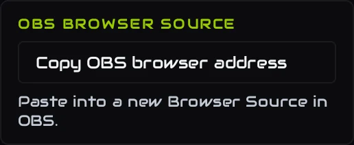 The cog panel on an overlay card, with Copy OBS browser address