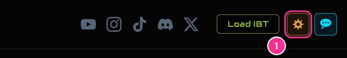 The top right of the app: Load IBT, the Settings gear and the feedback button