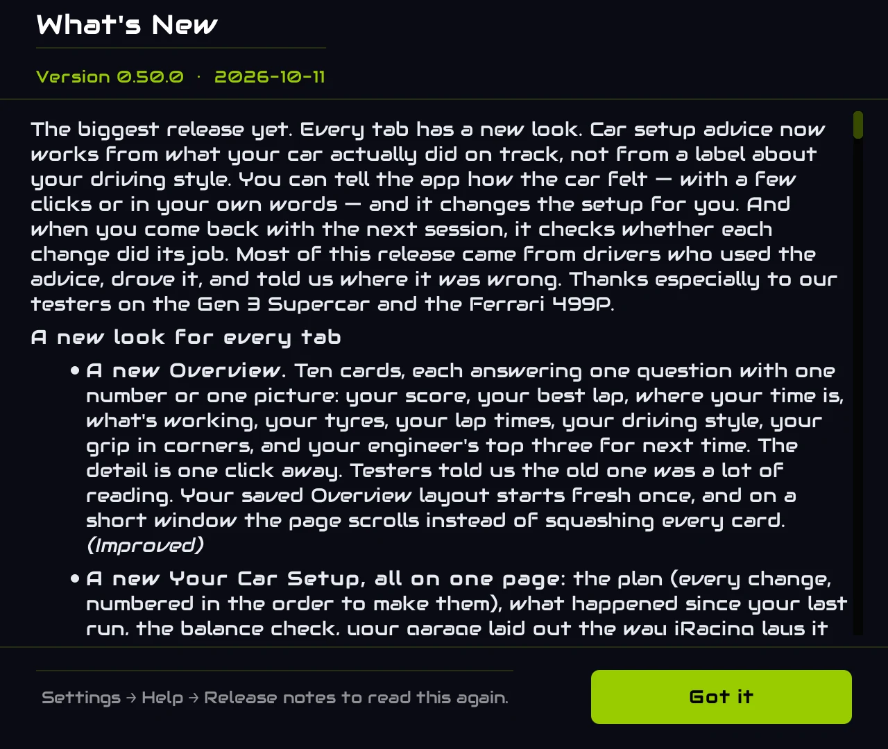 What's new: the release notes for the version you're running
