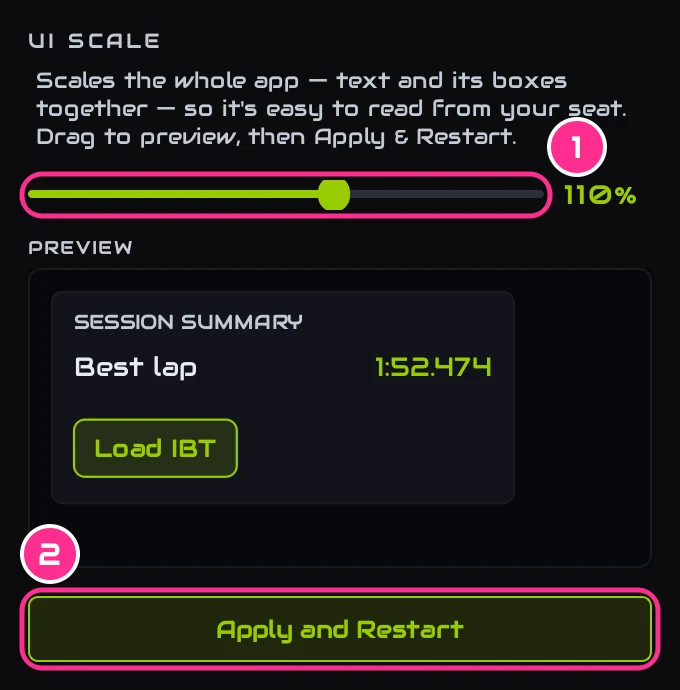 UI scale moved to 110%, with the preview and Apply and Restart