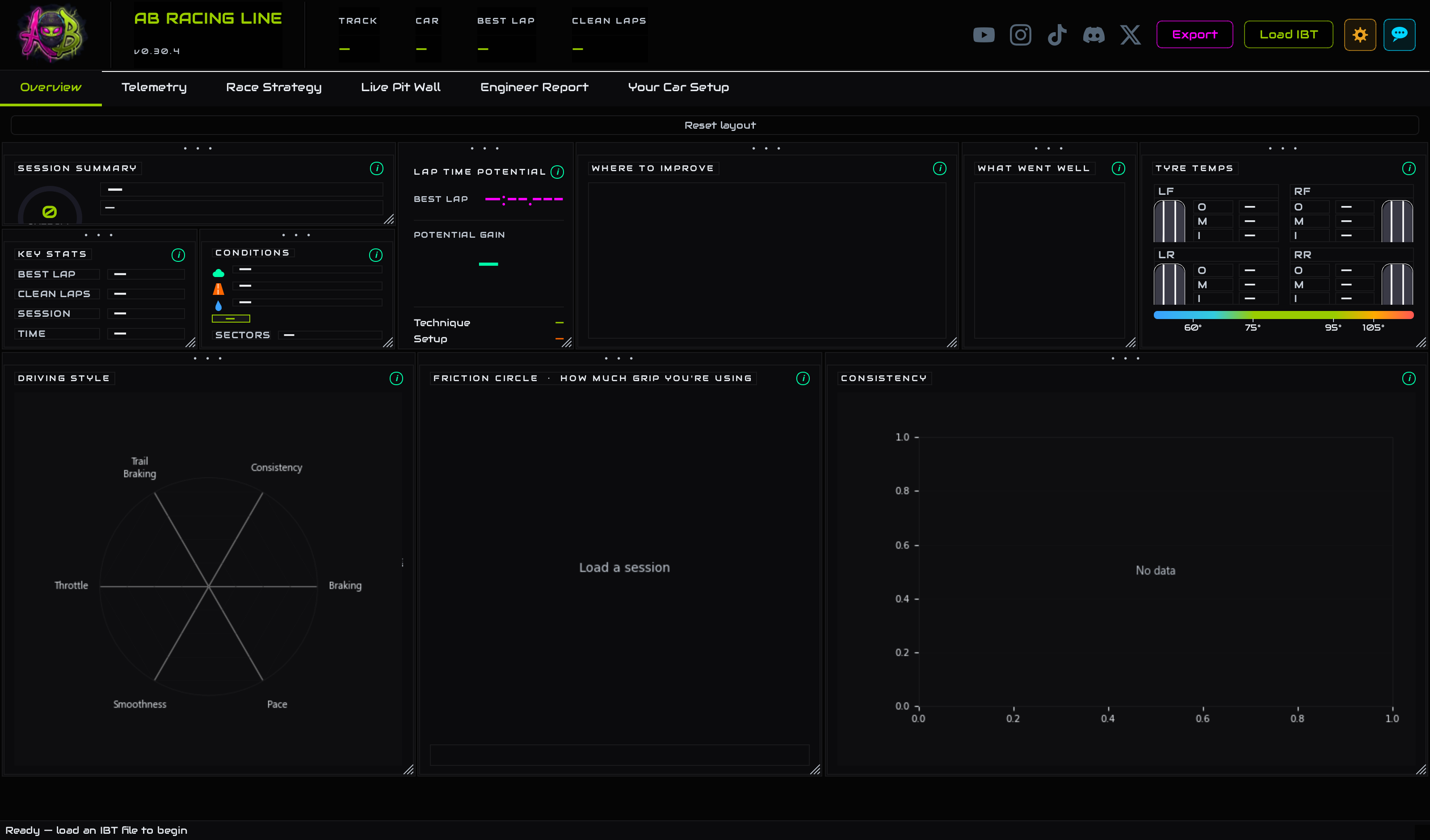 The AB Racing Line app on first launch, showing the six tabs