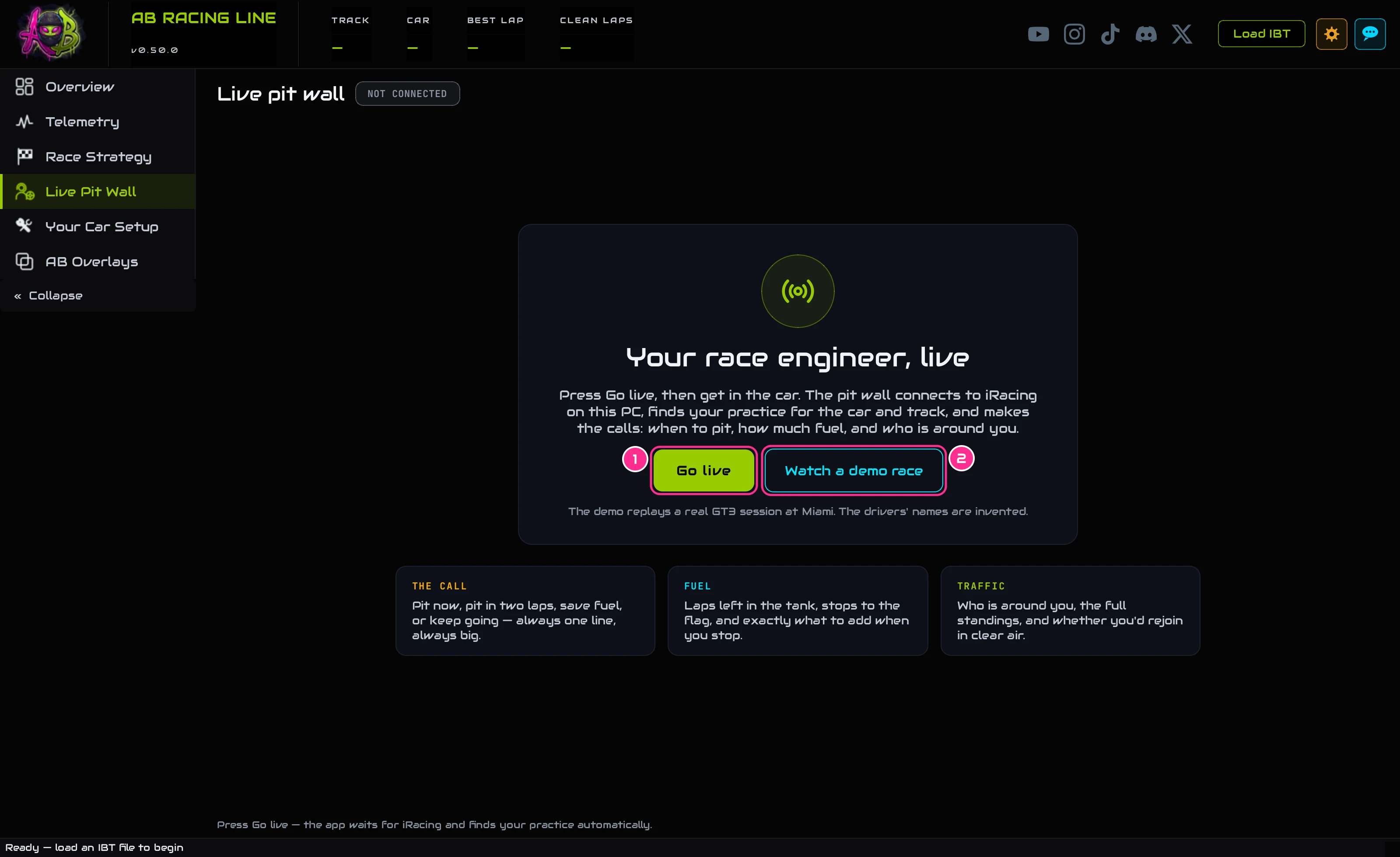 The Live Pit Wall before you go live: Go live and Watch a demo race