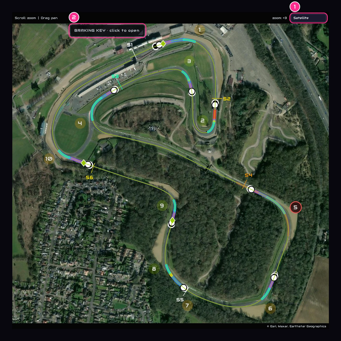 The track map on a satellite view of Brands Hatch: the racing line coloured where you braked, corner numbers and sector lines